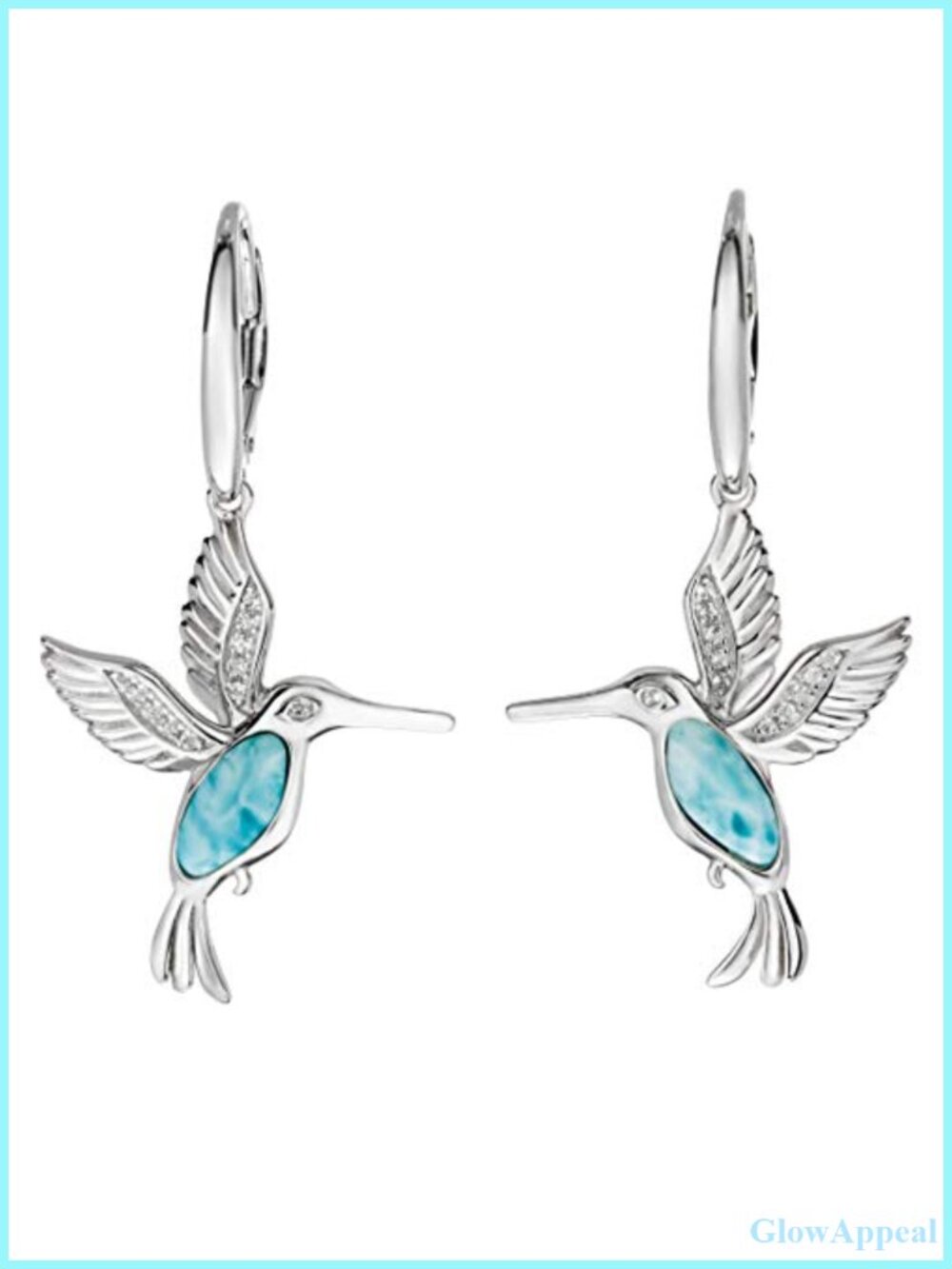 925 Sterling Silver Larimar Cubic Zirconia Hummingbird Dangle Earrings